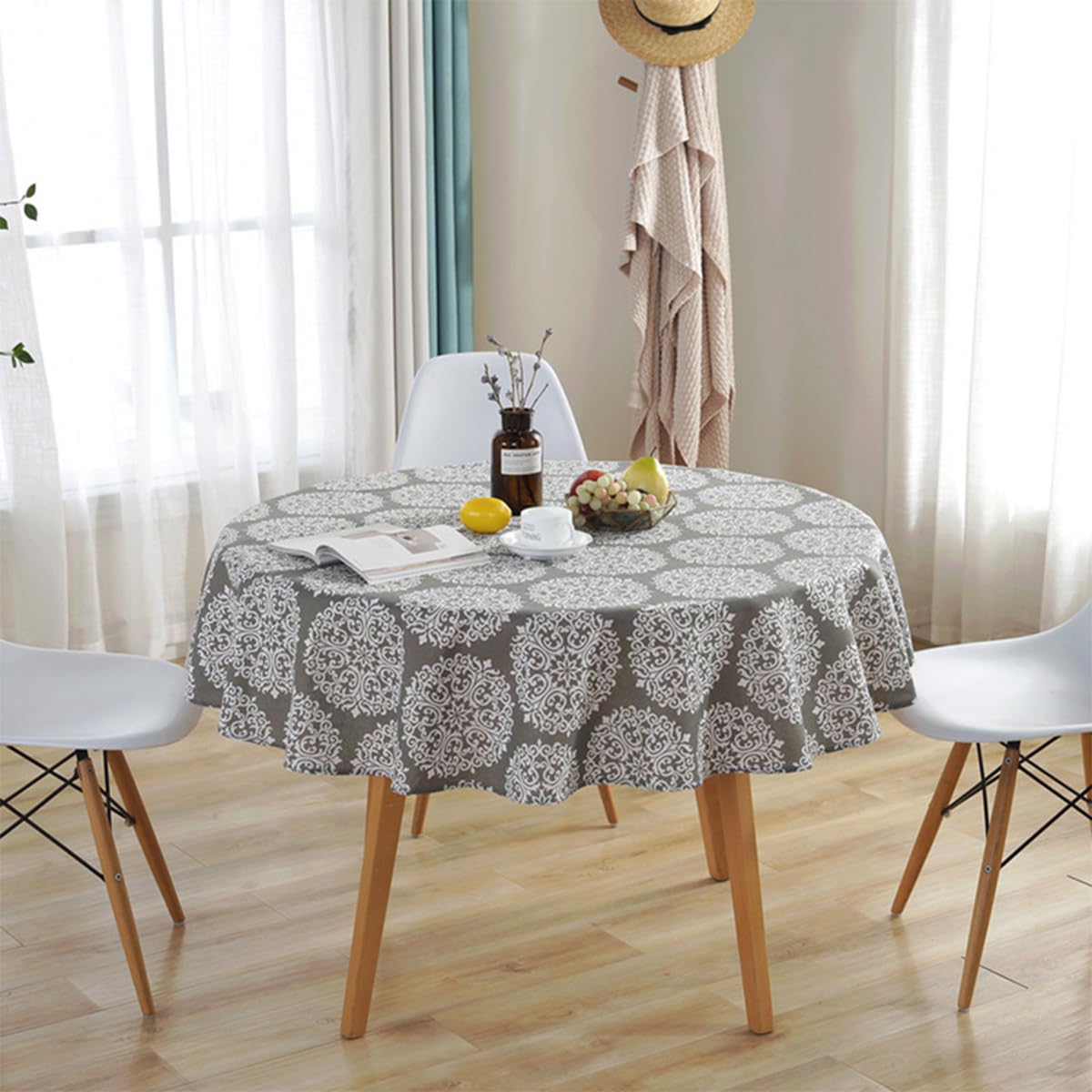 Round Tablecloth 150cm Heavy Duty Cotton Linen Wrinkle Free Tablecloths Nordic Style Washable Table Cloth Decorative Table Cover for Indoor Outdoor Holiday Home Christmas Party Picnic Dining Room