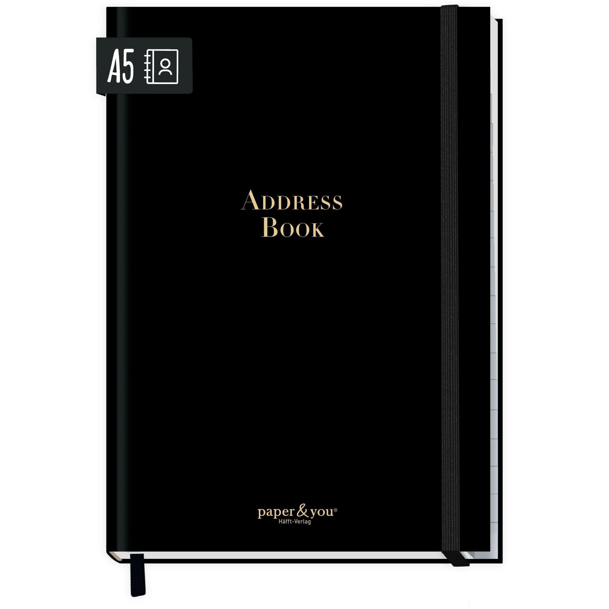 paper&you® Agenda A5 con índice A-Z [Black Edition] para contactos, cumpleaños y contraseñas - sostenible y respetuosa con el clima