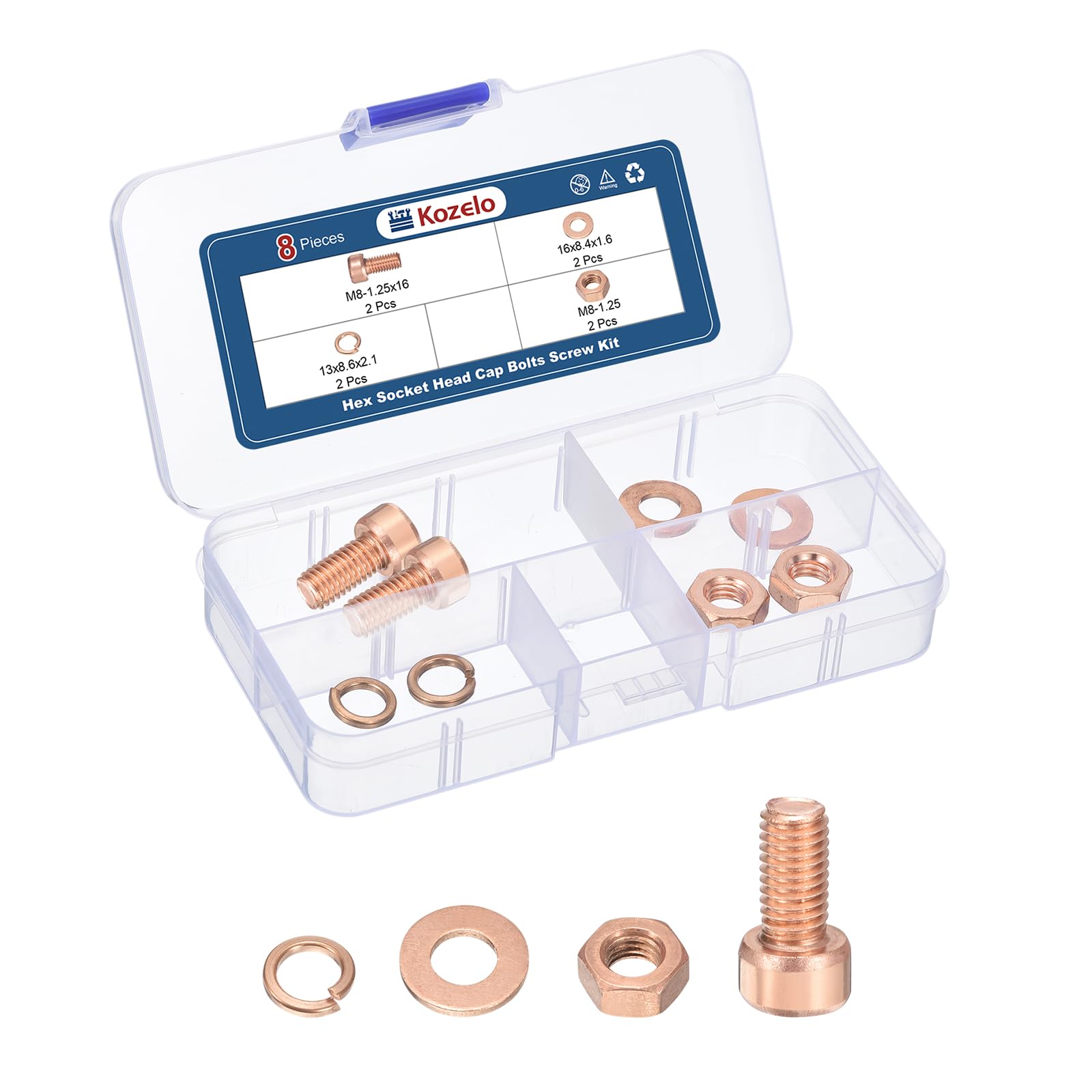 Kozelo 8pcs M8 Socket Head Cap Screws Bolts Nuts Assortment Kit - [M8-1.25x16mm] Red Copper Fully Threaded Hex Screw for 3D Printer Use