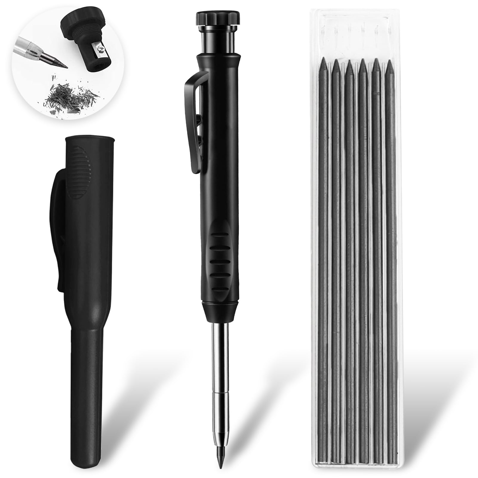 Mechanical Carpenter Pencils with 6 Refills, Solid Carpenter Pencils Heavy Duty Woodworking Pencils Long Nosed Deep Hole Mechanical Pencil Work Pencils for Builders Construction Architect Woodworking