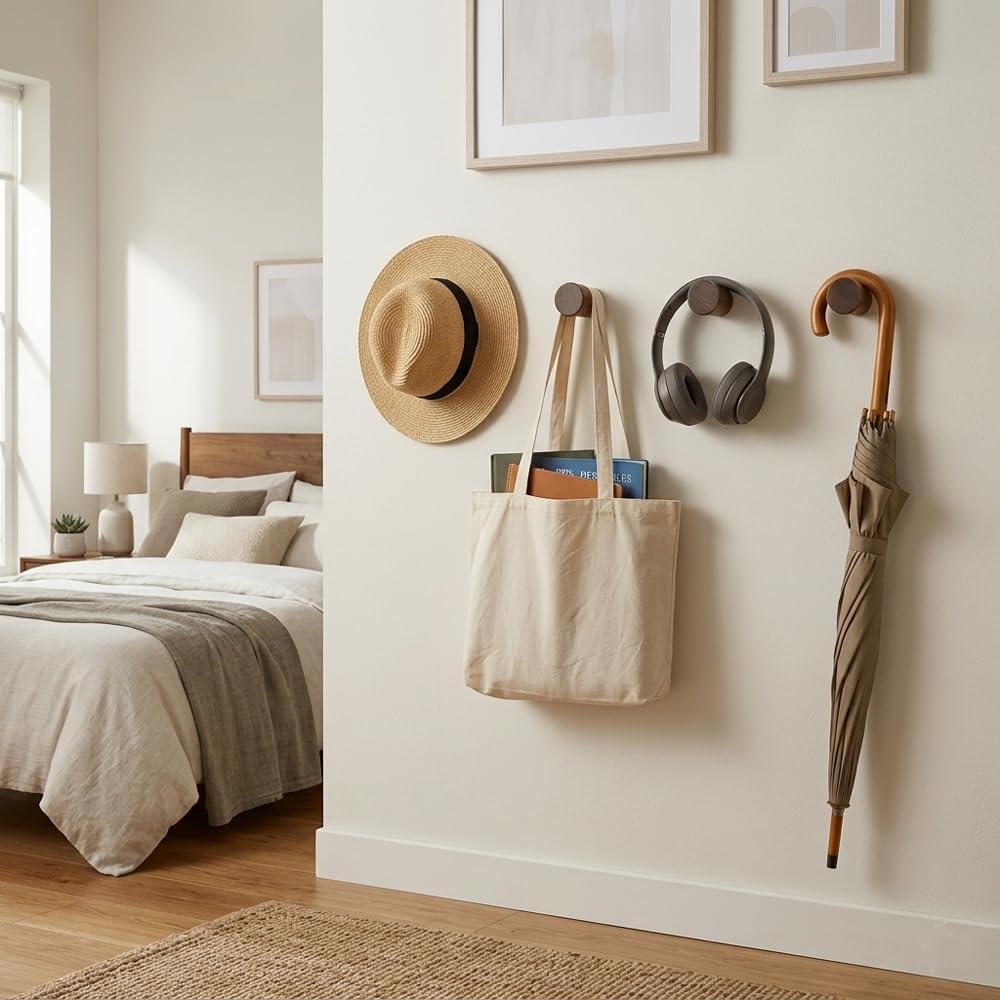 Natural wooden wall- mounted hooks-Set of 4 Black Walnut Wood Wall Hooks Solid Wood Coat Hooks, Heavy Duty Minimalist Wall Mounted Pegs for Hanging Coats, clothe hook, Decorative Entryway Hook image 3