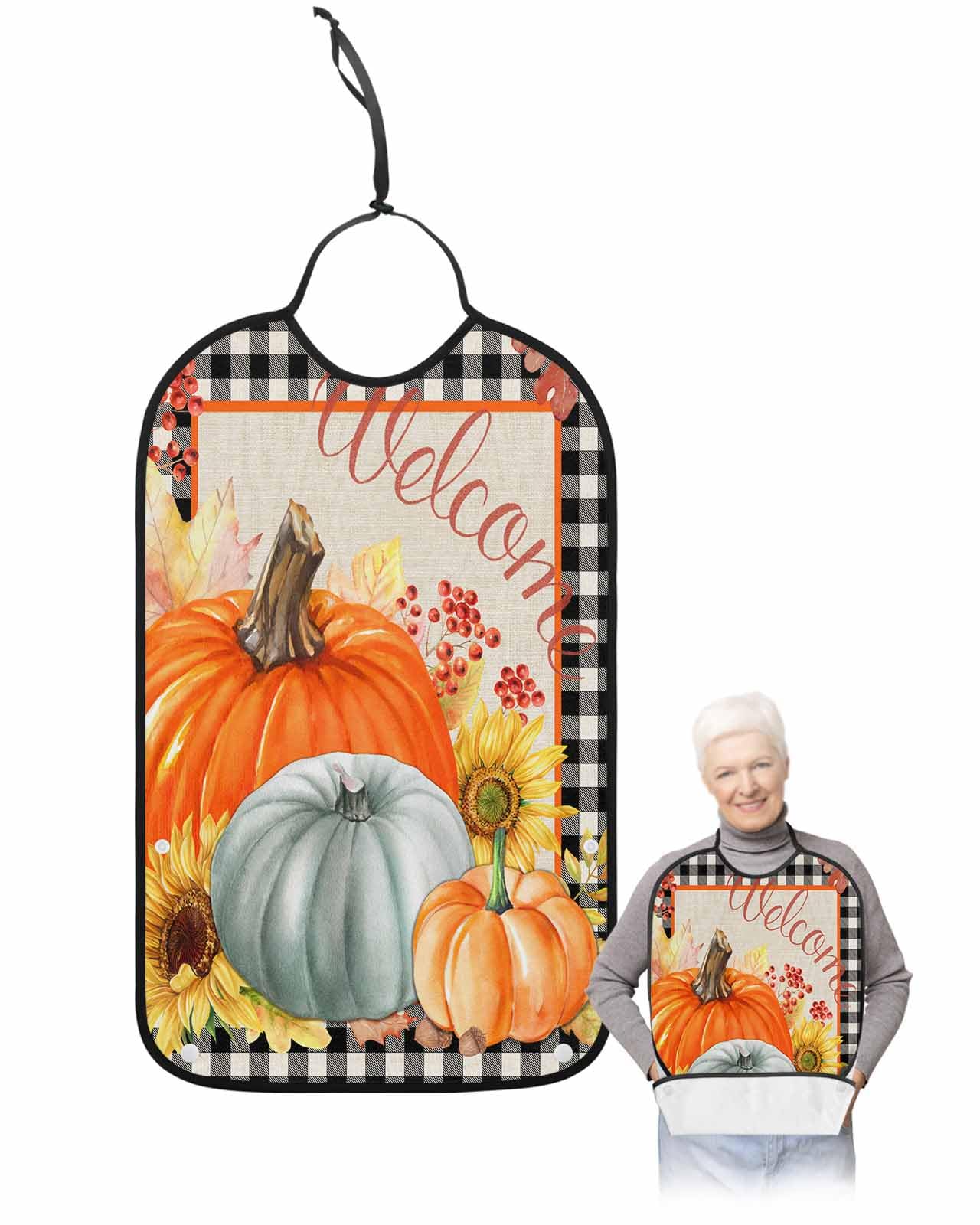 LEOKOTI Pumpkins Fall Adult Bibs for Eating, Waterproof Bibs with Food Catcher & Adjustable Snap Closure, Thanksgiving Sunflower Black Plaid Washable Clothing Protectors Adult Bibs for Elderly
