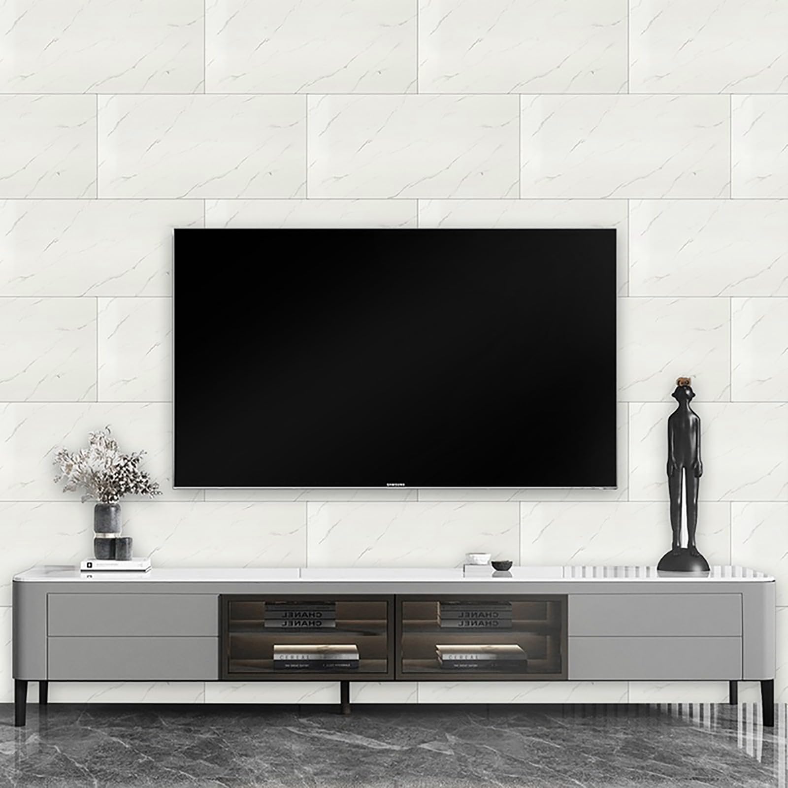 Fliesenaufkleber Marmoroptik 40 Stück, 60cm x 30cm Klebefliesen Wasserfest, Küchenrückwand Wandpaneele Selbstklebend mit Steinoptik für Küche und Badezimmer (Aschweiß)
