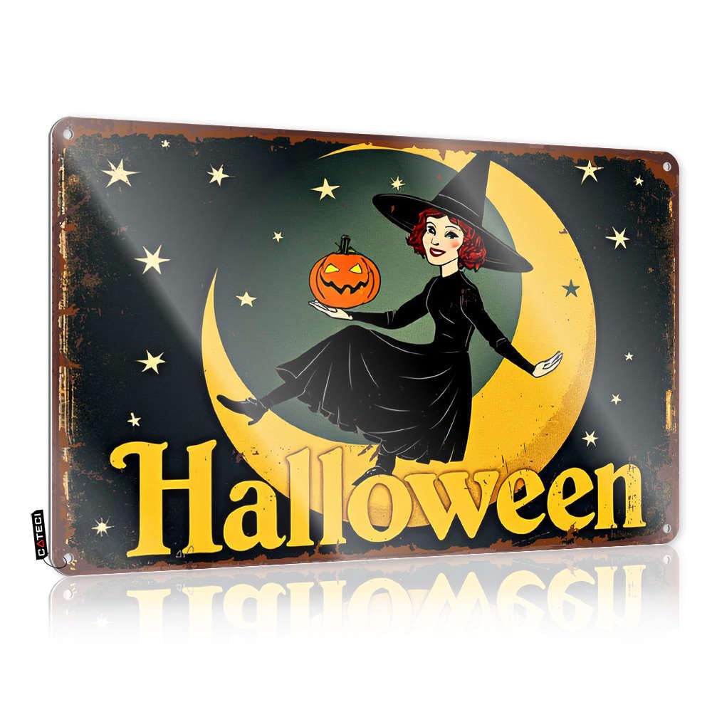 Tinplate Sign History Teacher Decor Vintage Metal Art/Room Rules Tin Western Wall Texas Halloween Witch With Pumpkin On Moon - Aluminum