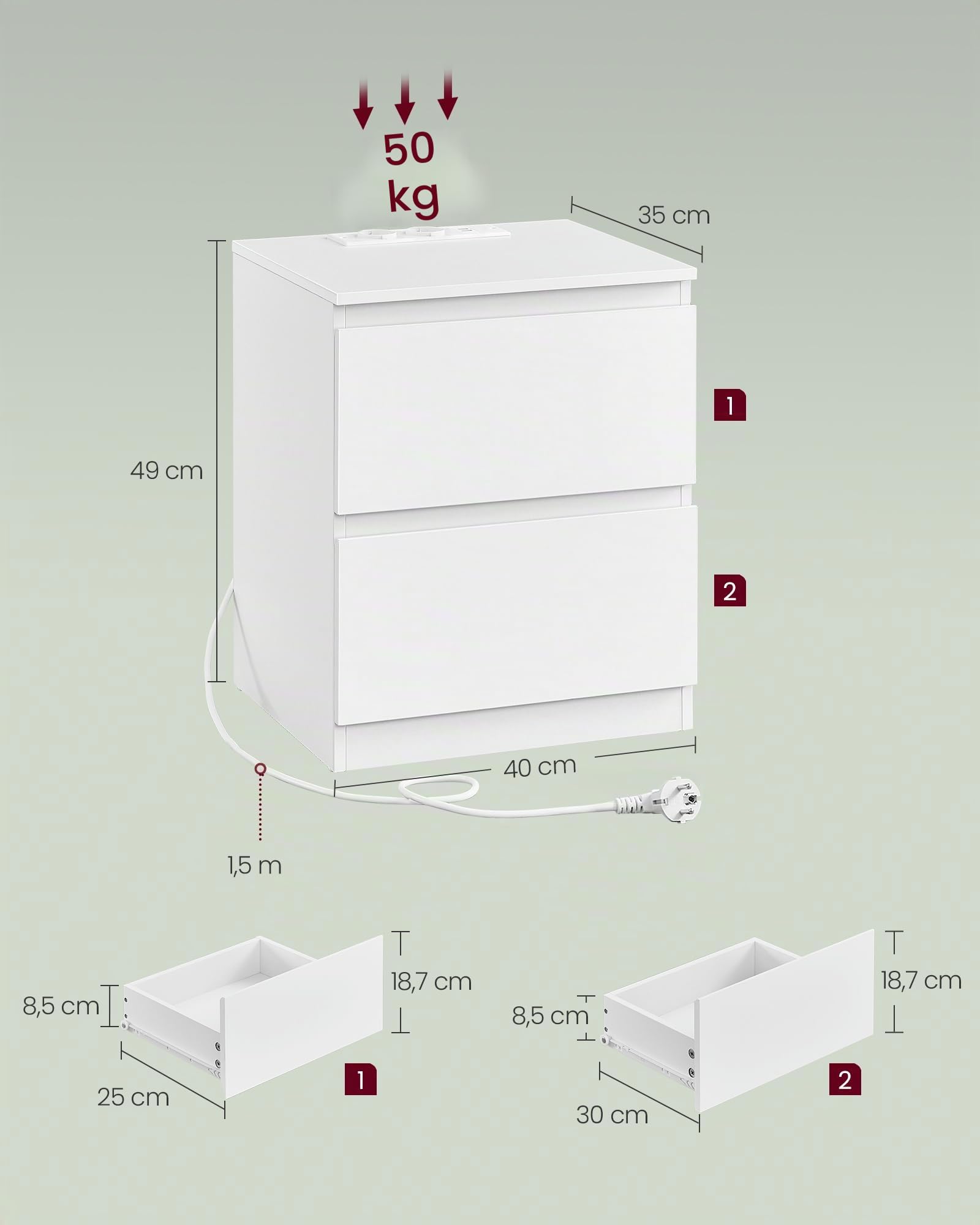 VASAGLE Kailyn Collection - Lot de 2 Table de Chevet avec Multiprise, Table d'Appoint, 2 Tiroirs, 2 Prises CA, 2 Ports USB-A, pour Salon, Chambre, Bureau, Moderne, Blanc Nuage LET821W02