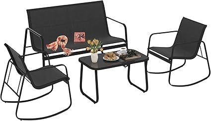 DWVO 4-Piece Patio Furniture Set, Textilene Conversation Set with 2 Rocking Chairs and Tempered Glass Coffee Table, Ideal for Indoor Patio Lawn Garden Poolside, Black