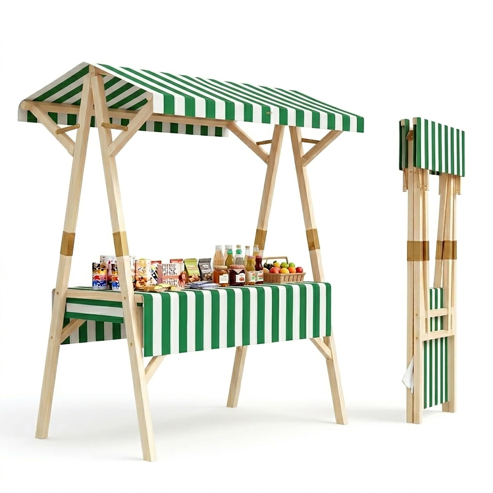 WYHBXD Portable Vendor Stand Food Cart, Folding Market Stall with Canopy & Shelves, Solid Wood Street Booth for Lemonade, Coffee, Ice Cream, Snacks, Pop-up Retail Events & Festivals(Green,150cm/59)