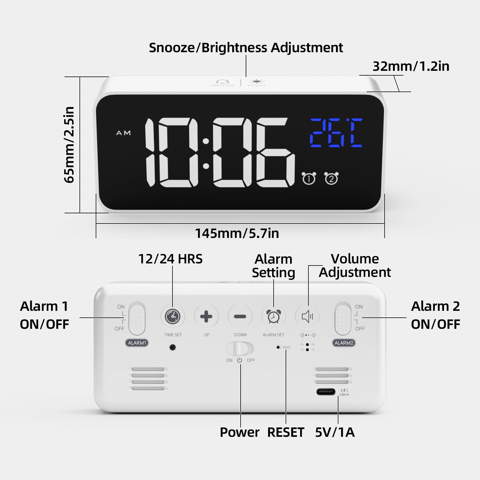 LATEC Reloj Despertador, LED Pantalla Reloj Despertador Digital con Espejo, Doble Alarma, Temperatura, Puerto de Carga USB, 10 Música, 4 Brillo Ajustable, 12/24H(Blanco) — view 2