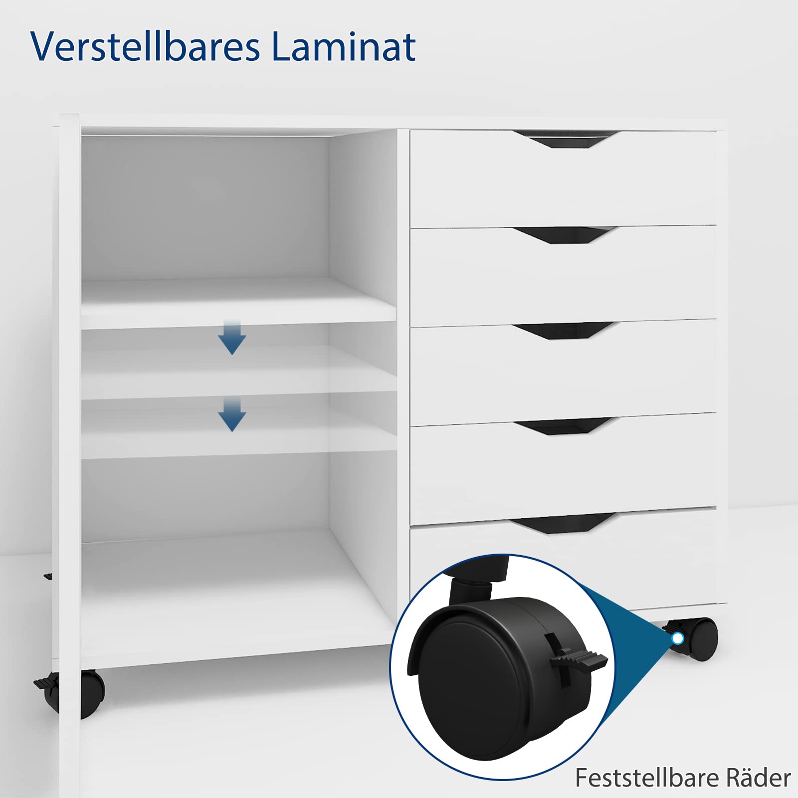 PUNCIA Rollcontainer aus Holz Aktenschrank mit Rollen Druckerständer | Büroschrank mit 5 Schubladen & Tür verstellbar für Akten Dokumente Bürowagen für Büro Office Zuhause Arbeitszimmer Weiß