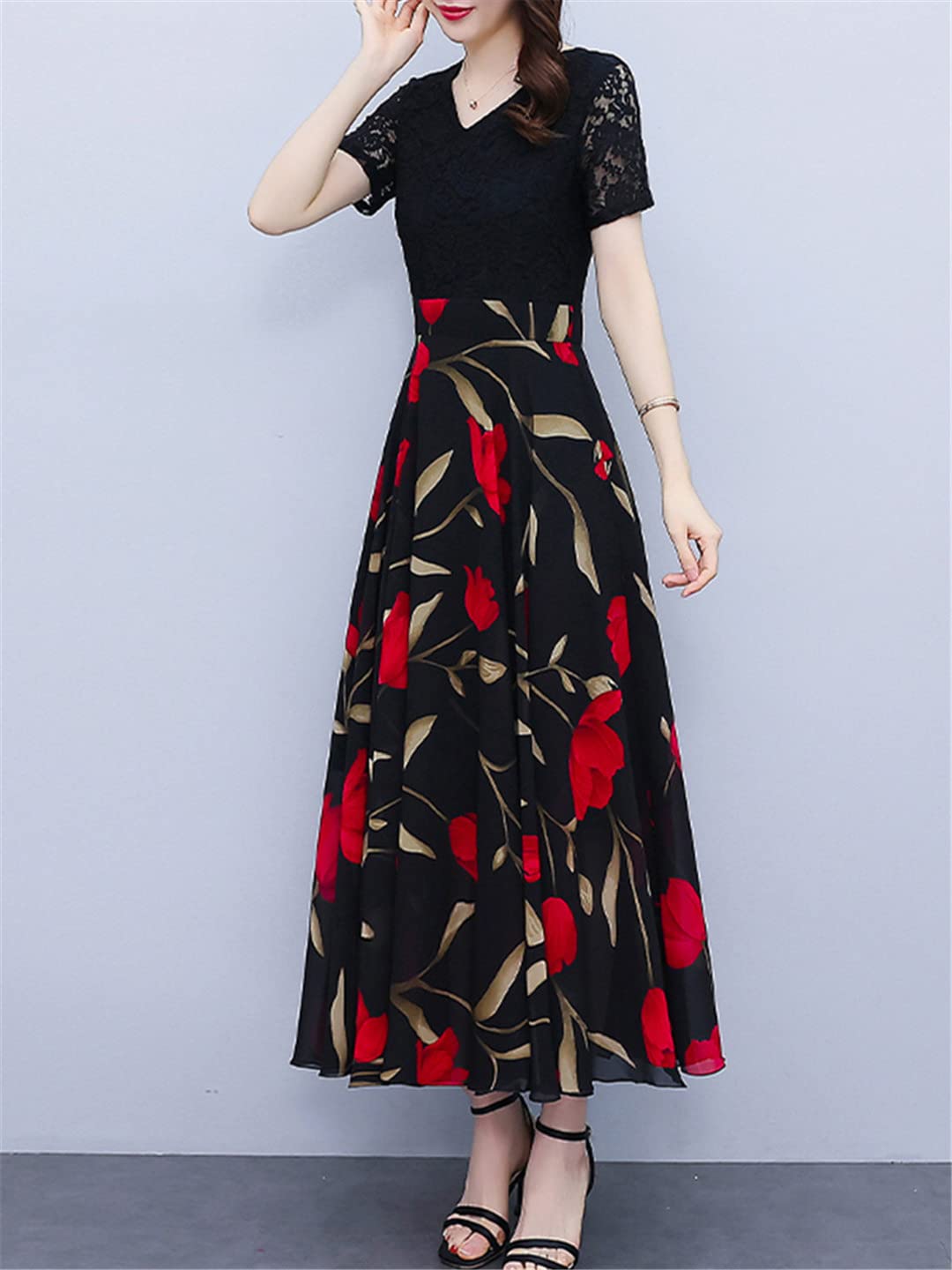 Abito estivo midi da donna, in chiffon, in pizzo, floreale, elegante, lungo, alla moda, per ufficio e feste formali
