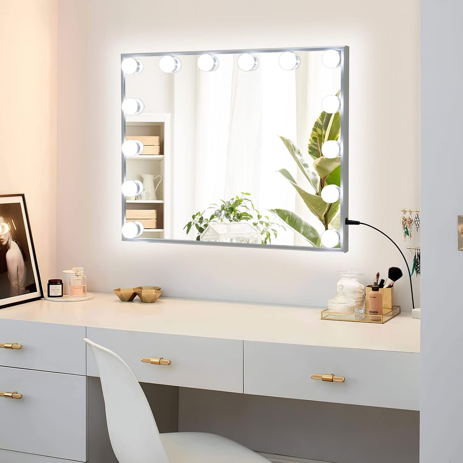 RELAX4LIFE Hollywood Espejo Maquillaje con Luz, Espejo Tocador con 14 Bombillas LED/Luz de 3 Colores/Brillo Ajustable/Control Táctil/Soportes, Espejo de Mesa/Pared para Dormitorio y Vestidor (50x40cm)