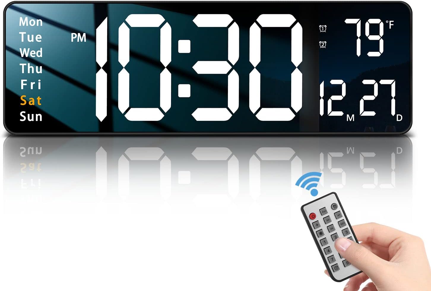 JoFomp Modern 16" Large Digital Wall Clock with Remote Control, LED Display, Auto-Dimming, Countdown, Temperature, Calendar - 12/24Hr Format - Silent Wall Clock for Home, Office, or Gym Use (White)