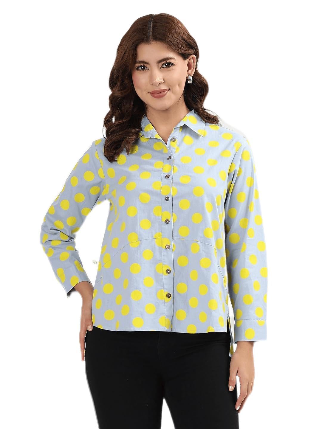 Maternity & Nursing Feeding Shirt for Women – 100% Cotton Asymmetrical Polka Dot Button Down Top, Full Sleeve Collared Pregnancy & Breastfeeding Friendly Casual Wear (Golden Haze, M)-image-16