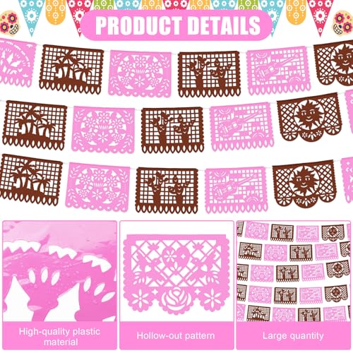 Image of VitalCozy 4 Pack 59 ft Mexican Papel Picado Banner Plastic Mexican Talavera Party Fiesta Banner Wedding Hanging Decorations for Cinco De Mayo Cielito Lindo Party Supplies(Pink Brown)