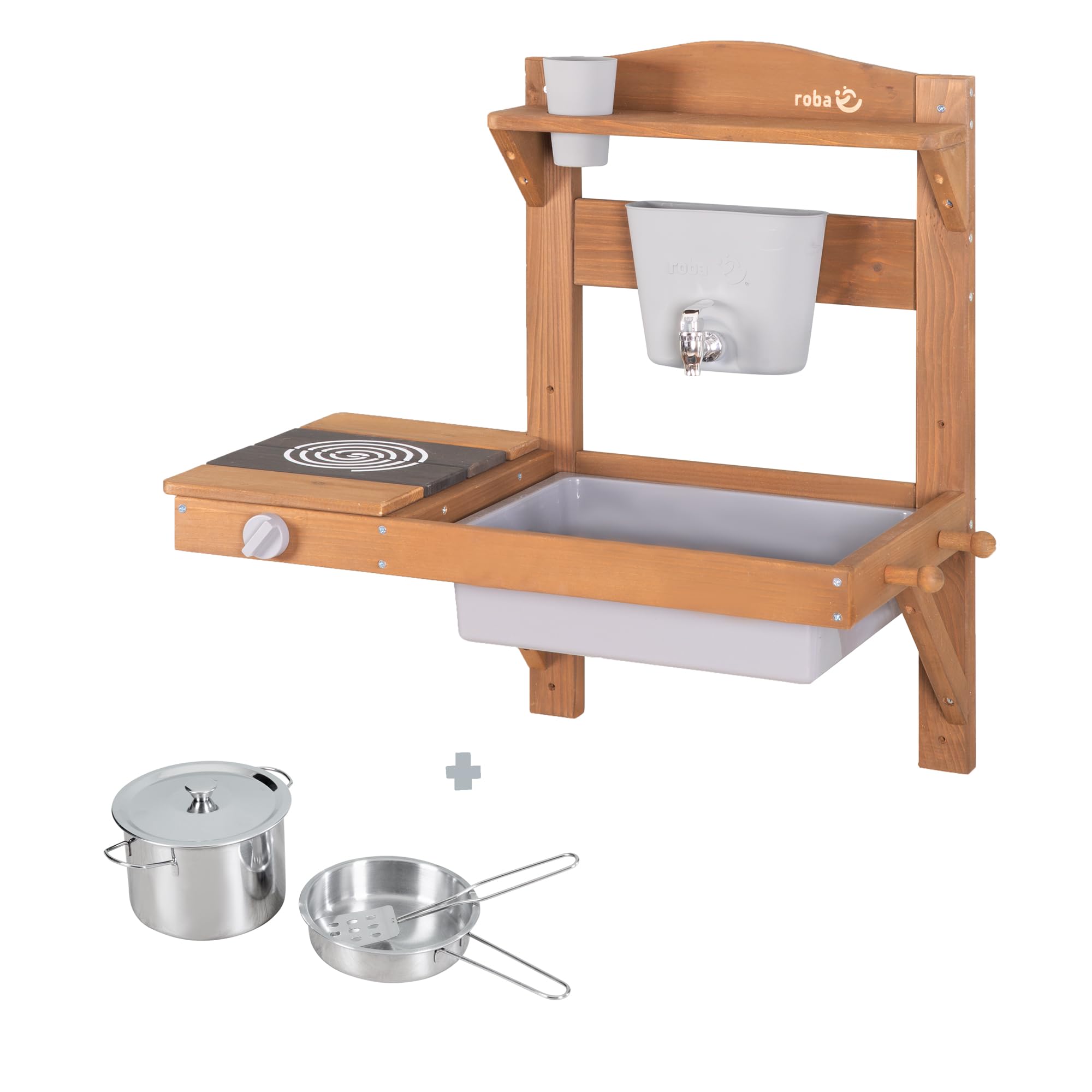 roba Cuisine Extérieure Murale pour Enfants avec Évier, Plaque de Cuisson, Réservoir à Eau et Accessoires - Mini-Cuisine à Suspendre en Bois Massif Lasuré Teck