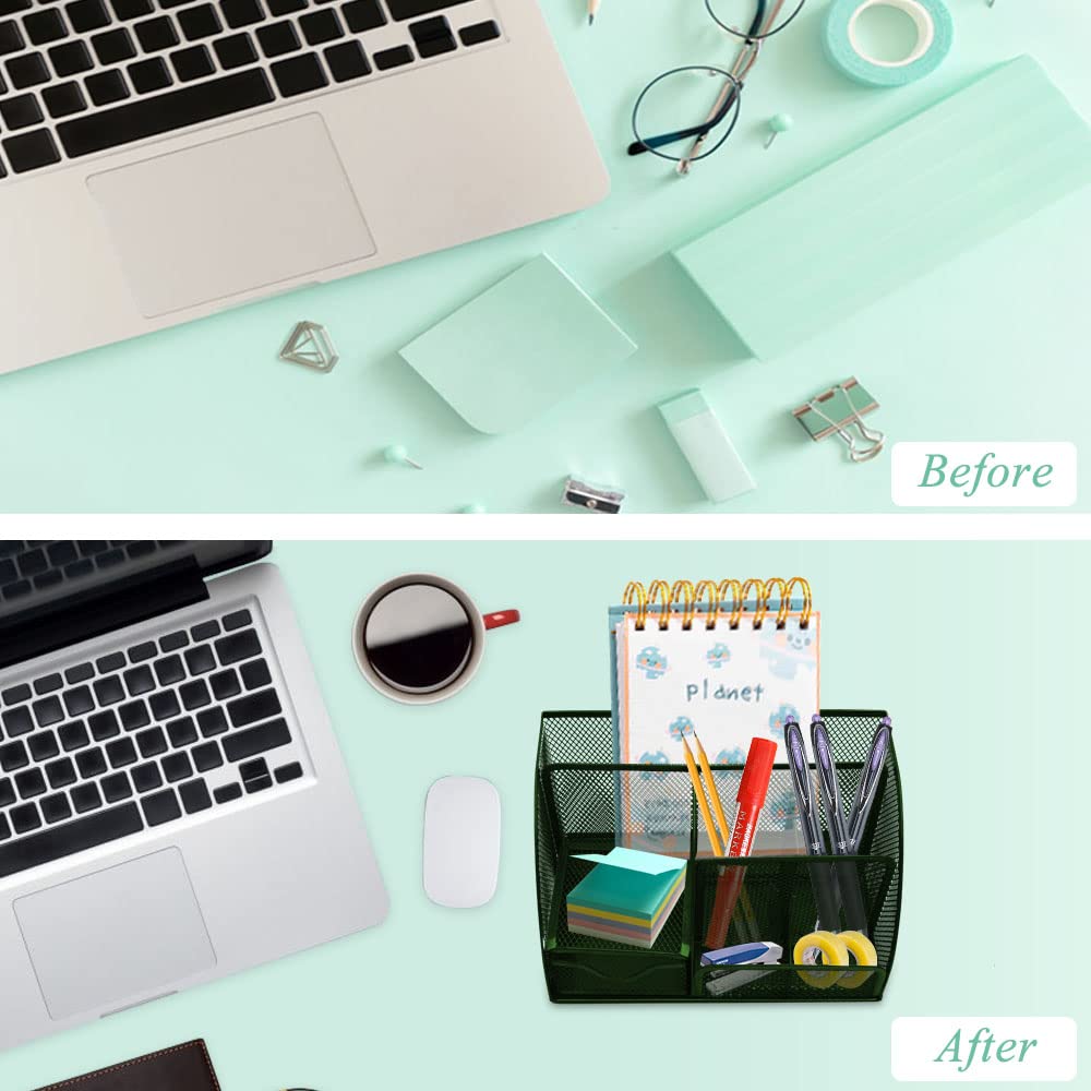 Organizador de escritorio verde con 6 compartimentos y cajón, organizador de escritorio para almacenar artículos de papelería, baratijas, cosméticos, joyas, dispositivos electrónicos para
