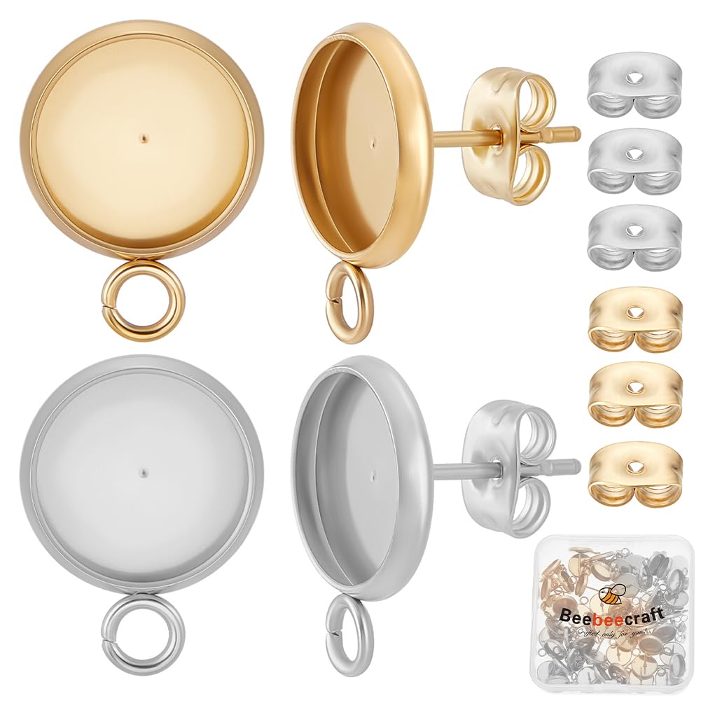 Beebeecraft 1 Box 48Pcs Blank Earring Studs for Jewelry Making 18K Gold Plated 304 Stainless Steel Earring Posts Cabochon Bezel Trays with Loop for Jewelry Making