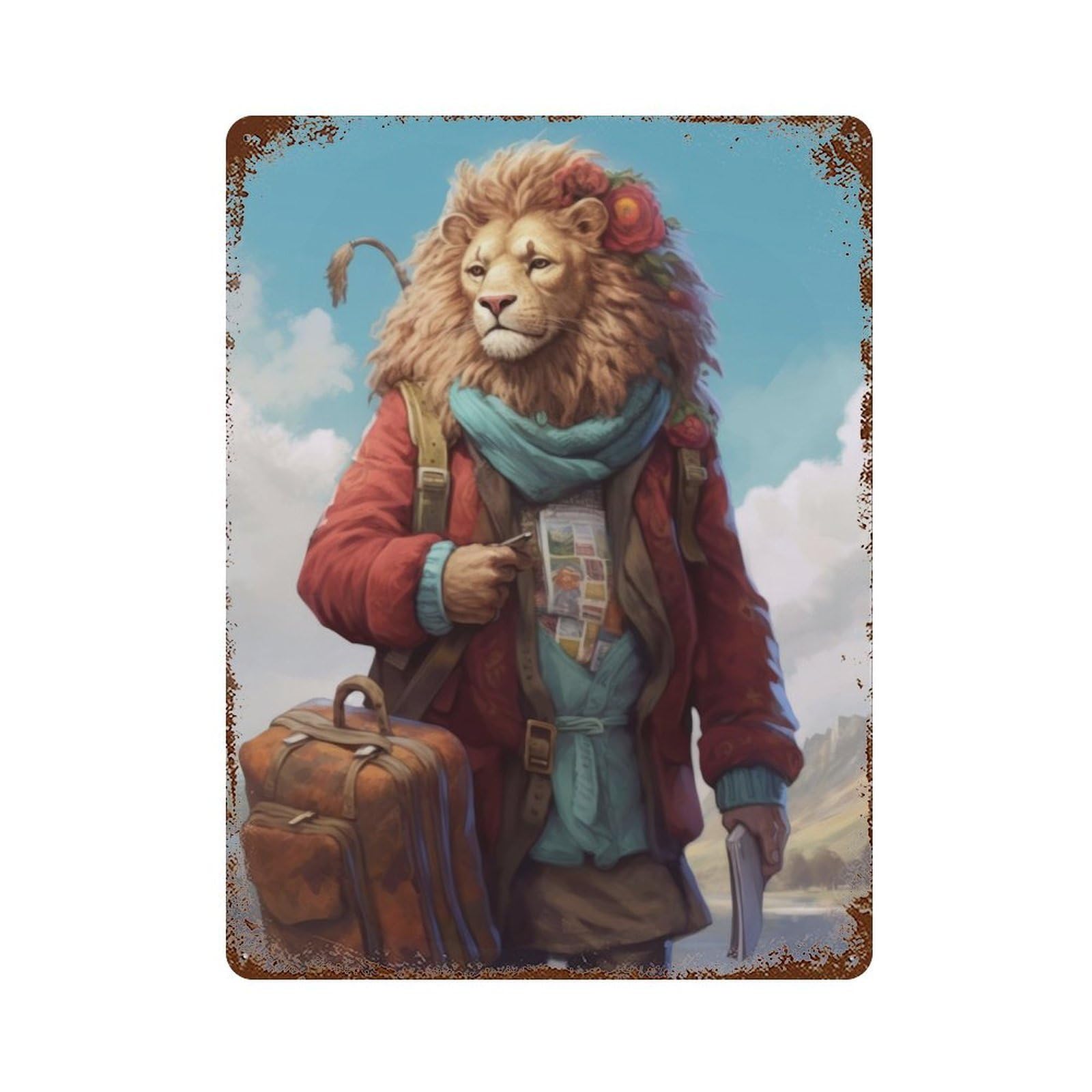 Vintage Rust Metal Sign with Travel Guide Lion Design 15.7"x11.8", for Shed, Workshop And Garage Wall Decor, Classic Wall Plaque