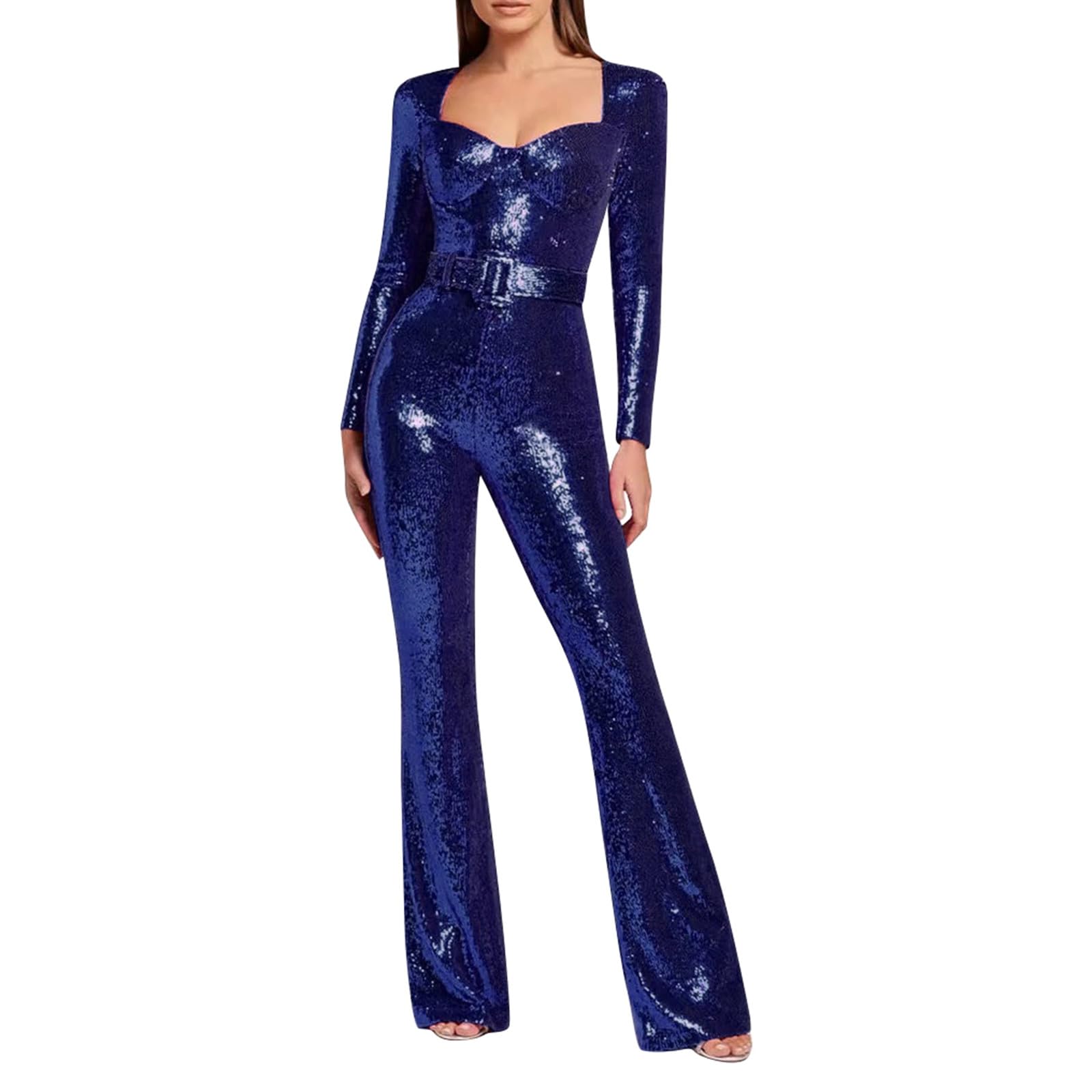 Damen Jumpsuit Pailletten Glitzer Langarm Hosenanzug Elegant Hochzeit Romper Playsuit Festlich Lang Overall Party Casual Hohe Taille Jumpsuits Clubwear
