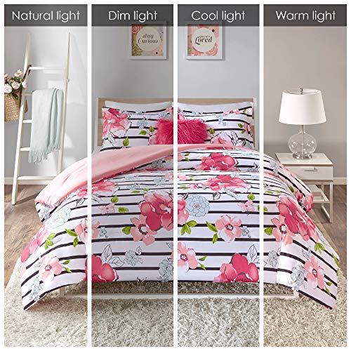 Comfort Spaces Zoe Comforter Set Printed Striped Floral Design with Faux Long Fur Decorative Pillow Bedding, Pink, Twin/TwinXL, 3 Piece Comfort Spaces Zoe Comforter Set Printed Striped Floral Design with Faux Long Fur Decorative Pillow Bedding, Pink, Twin/TwinXL, 3 Piece