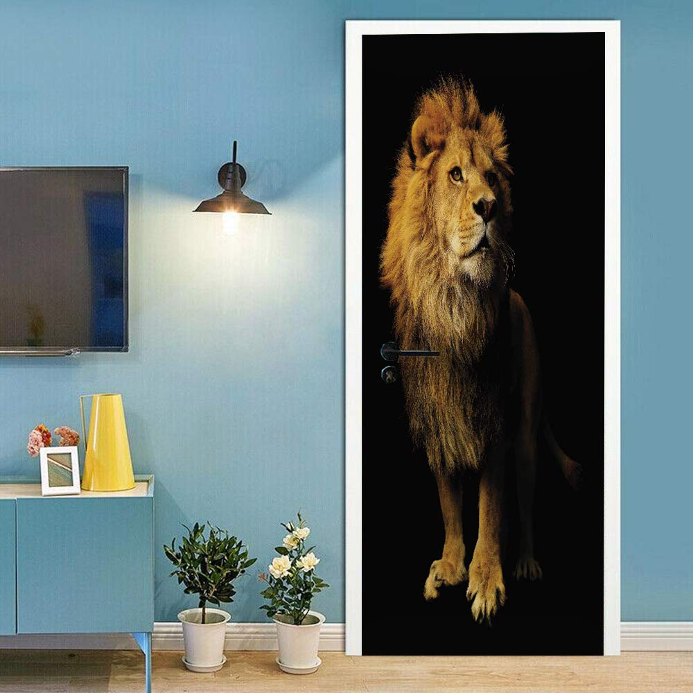 Papier peint de porte lion 3D amovible pour masquer et rénover sans peindre