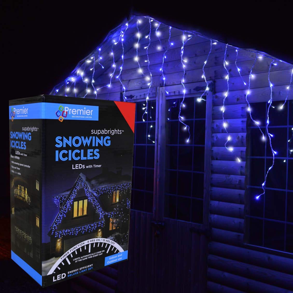 Premier 720 LED Snowing Icicles Multi-Action Christmas Lights Timer BLUE & WHITE