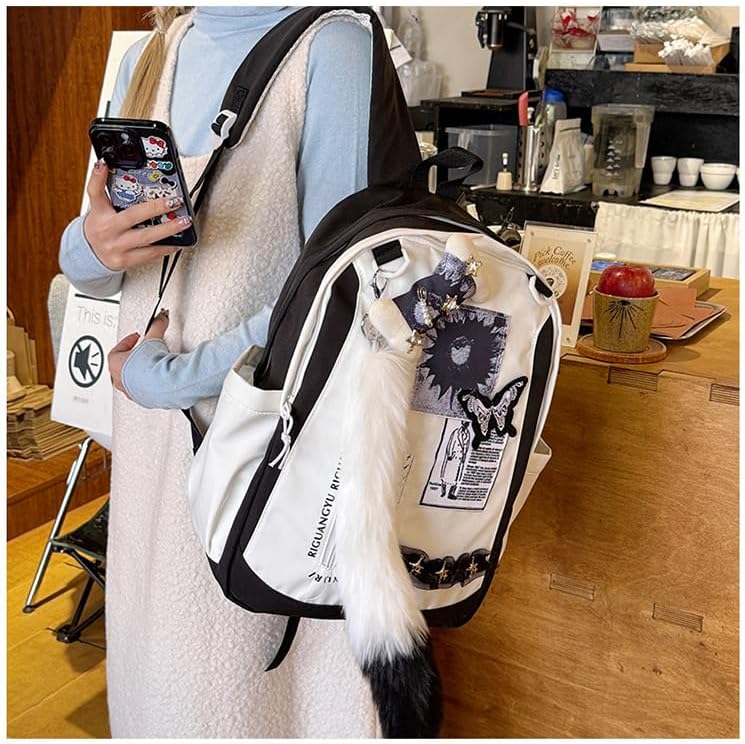 Y2k Backpack Cutecore Daypack Purse, Harajuku Cute Backpack Aesthetic Shoulder Bag Kawaii Grunge Therian Bags (Black)