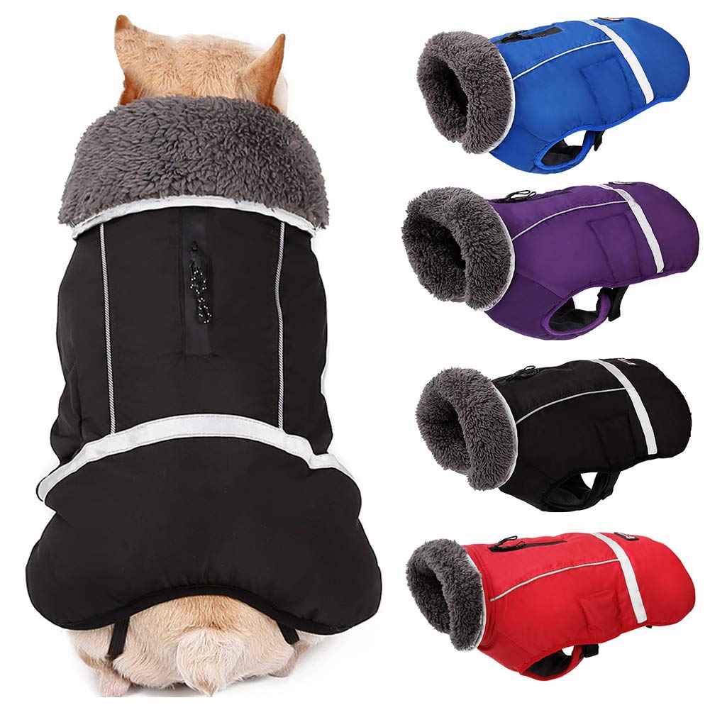 PJDDP Dog Jacket Dog Winter Coat Warm Reflective Dog Clothes with Harness/Leash Hole, Windproof Cozy Dog Vest Dog Apparel with Thick Fleece Lining for Cold Snow Weather for Hiking Outdoor,Black,XXL