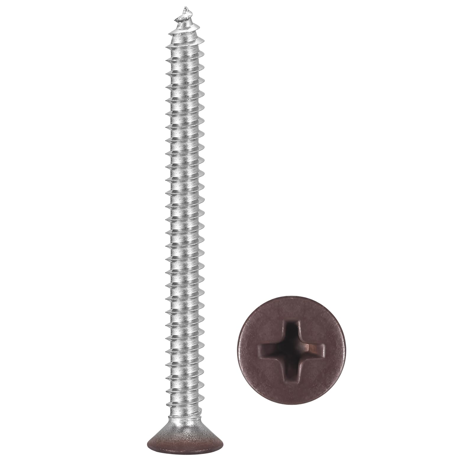 METALLIXITY Countersunk Phillips Wood Screw (#8x2") 100Pcs, 304 Stainless Steel Coarse Thread Phillips Drive Flat Head Wood Screws - for Furniture Installation Repair, Brown Head
