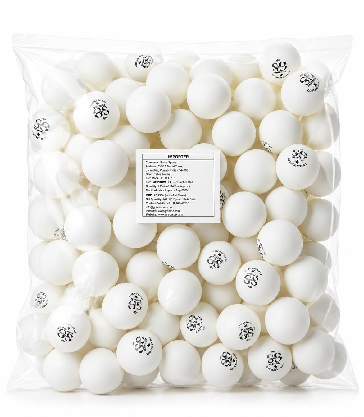 grace sports ae new 1-star table tennis practice balls- professional grade- standard 40+mm size, abs material, durable white ball for training- pack of 144 balls 1 box