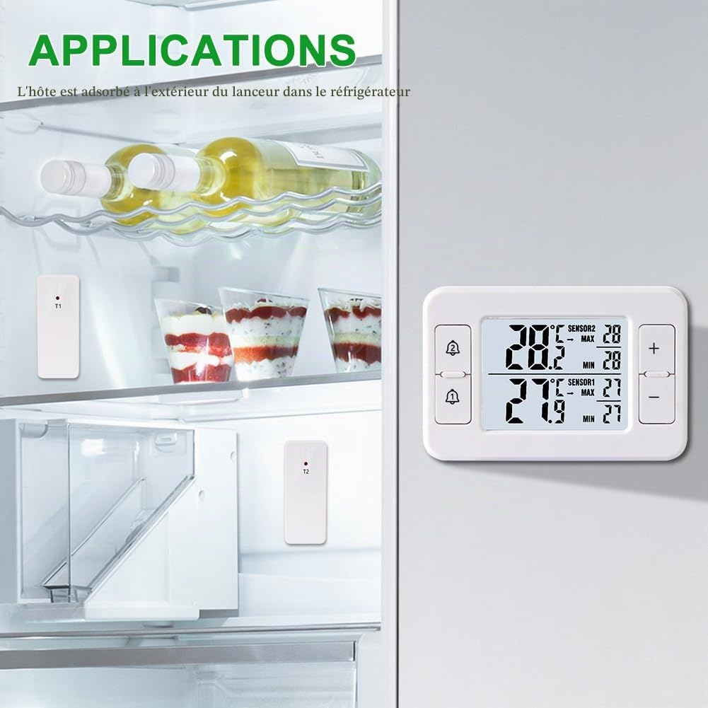 Thermomètre de réfrigérateur, thermomètre de congélateur avec 2 capteurs sans fil, thermomètre intérieur extérieur, alarme de température, MIN/MAX, flèche d'affichage de tendance de température