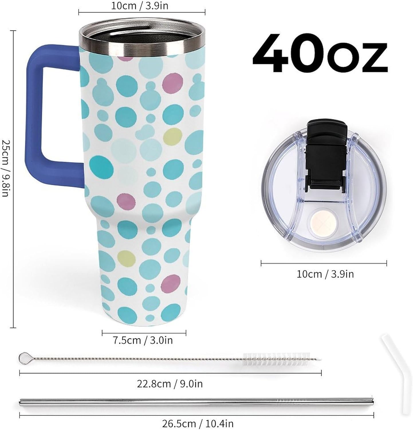 40 Oz Insulated Mug with Handle, Stainless Steel Blue Polka Dot Pattern Printed Travel Mug Portable Leak-proof Large Car Mug for Home, Office Or Car