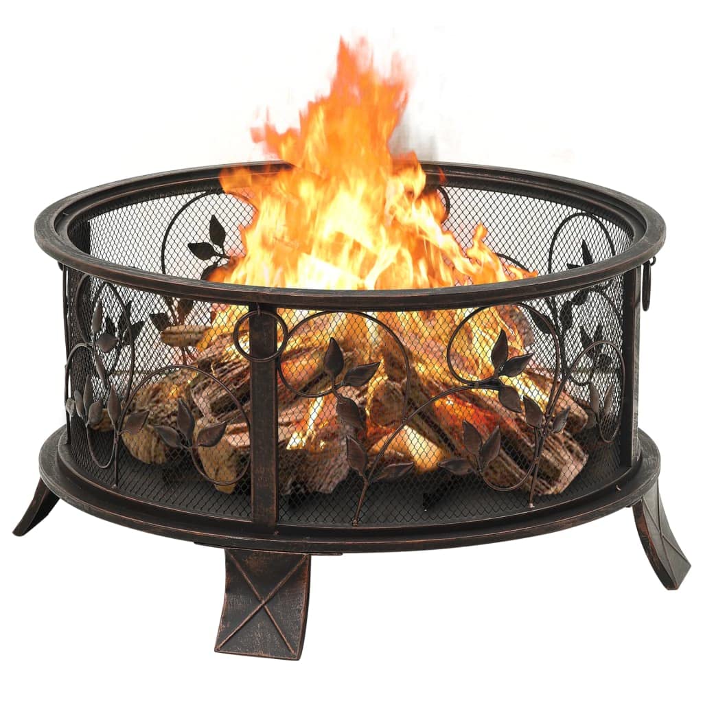 Rustikale Feuerstelle mit Schurhaken aus Stahl, 67,5 x 67,5 x 48 cm, Kamin Ofen fur Terrasse und Garten, mit Funkenschutz, Kaminkorb, Holzhalter, Deko, Warme und Behaglichkeit