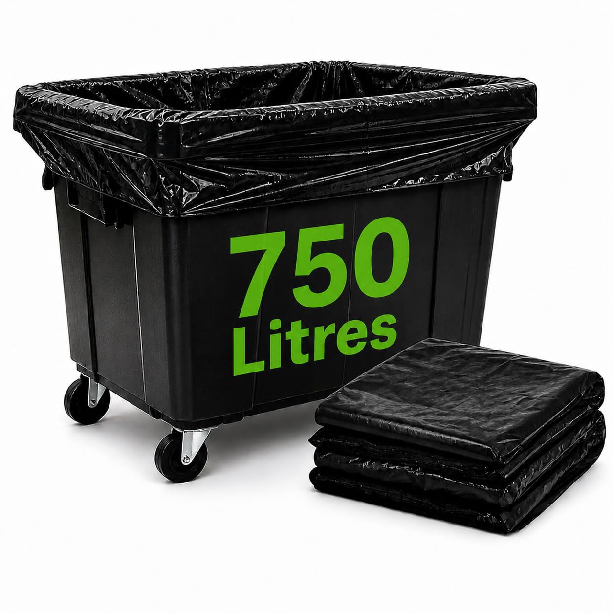 Bolsa de basura de 750 litros | Funda protectora contenedor basura 750 l | 20 bolsas fundas 750 litros, color negro | todos los tipos de residuos y basura, grosor 35 µ, antifugas y antidesastre