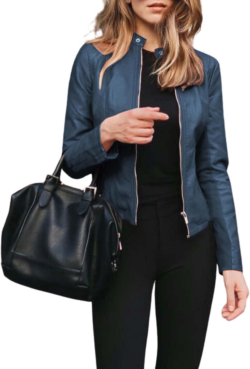 Womens Trendy Faux Leather Jackets Casual Long Sleeve Motorcycle Outwear Loose Fit Zip Stand Collar Fashion Coat