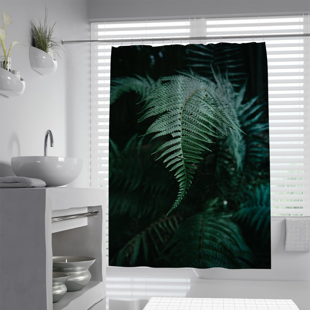 UIRINGART Tropical Fern Leaf Bath Curtain W200xL240cm Moody Jungle Botanical Print Waterproof Anti Mould Quick Dry Bathroom Curtain with Hooks
