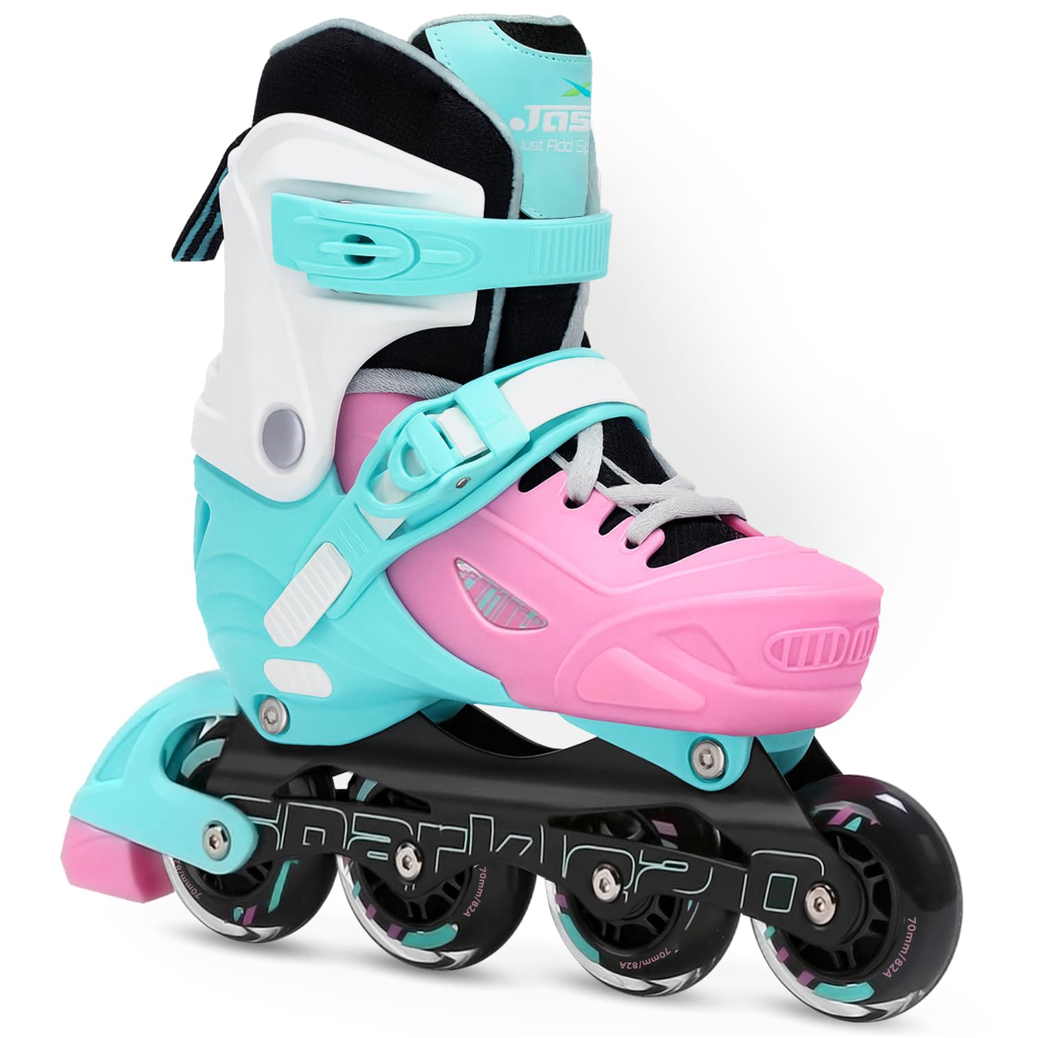 JASPO Sparkle 2.0 Adjustable Inline Roller Skates for Kids & Youth – PU Wheels, ABEC-7 Bearings, Hard Boot, – Aluminium Chassis, 70mm PU 85A Wheels (Pink/Cyan., L (23 to 26 cms)-image-20