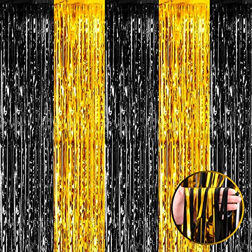 Image of 4 Pack Black Gold Foil Fringe Curtain Backdrop, 3.28Ft x 8.2Ft Metallic Tinsel Foil Fringe Streamers Curtains for Photo Booth, Wedding, Graduation, Birthday, Carnival Party Decoration