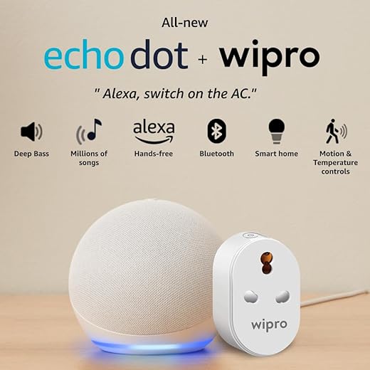 Amazon Echo Dot (5th Gen, White) Combo with Wipro 16A Smart Plug