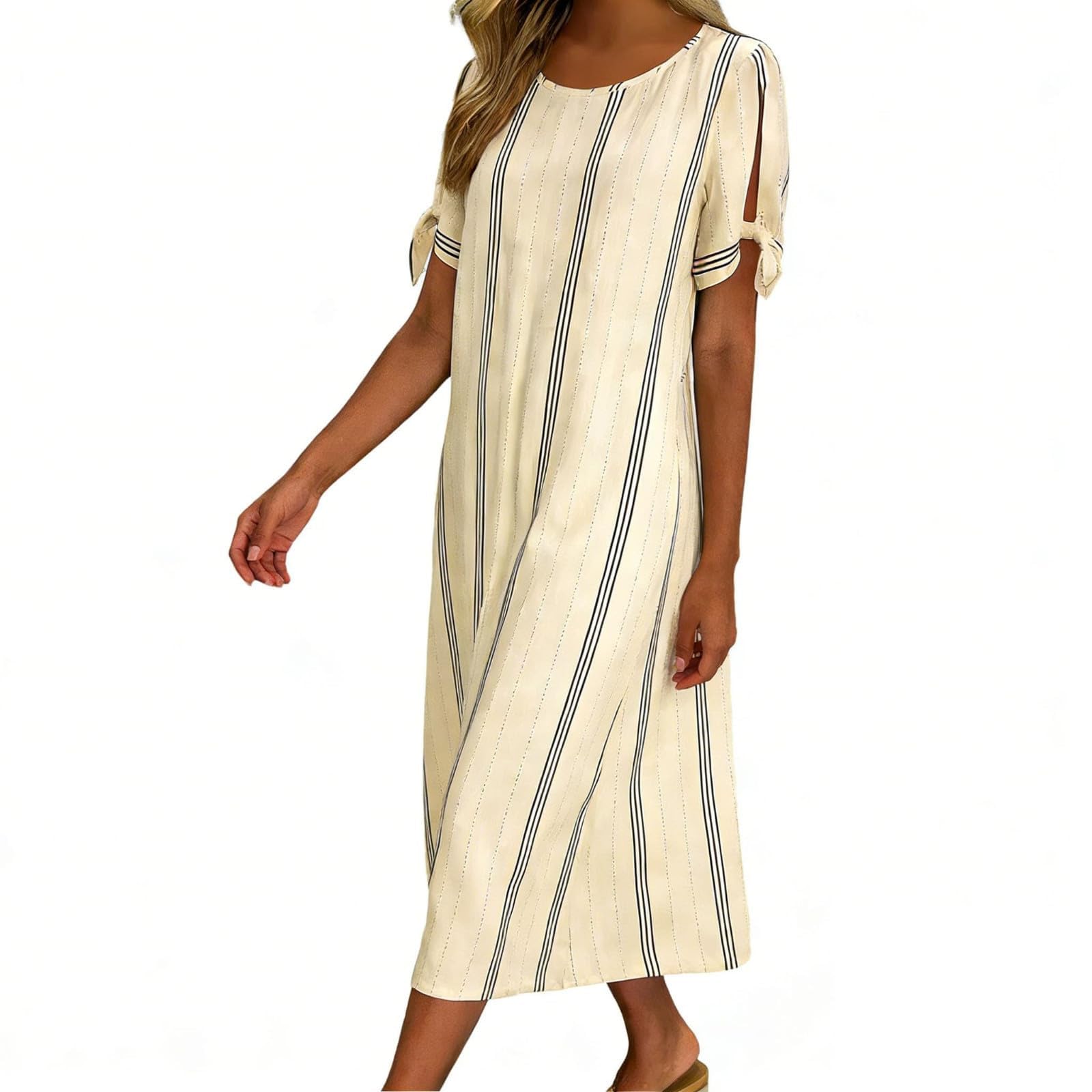 Summer Dress Abito Estivo da Donna, Lunghezza al Ginocchio, Stile Boho, Scollo Rotondo, Midi, con Tasche, Abito a Trapezio a Righe, Lunghezza al Ginocchio, Maniche Corte, Vestito Lungo Donna Elegante