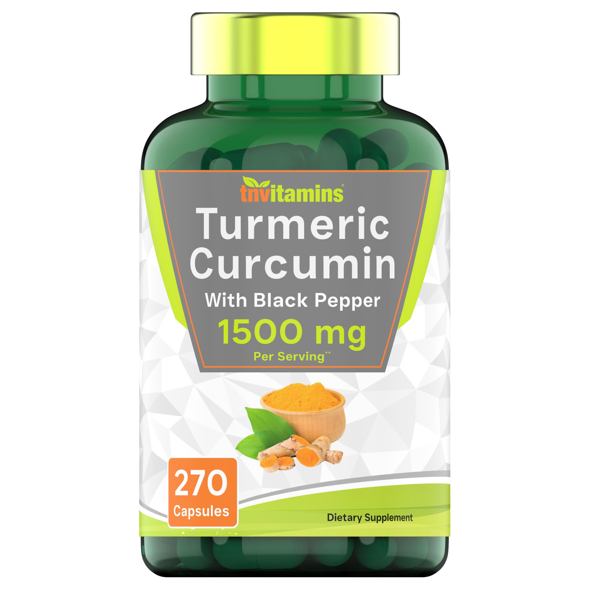 tnvitamins Turmeric Curcumin Capsules with Black Pepper | 1500 MG - 270 Capsules | Bulk Size - 3 Month Supply! | Golden Turmeric Curcumin Supplement with Black Pepper | Non-GMO | Produced in The USA
