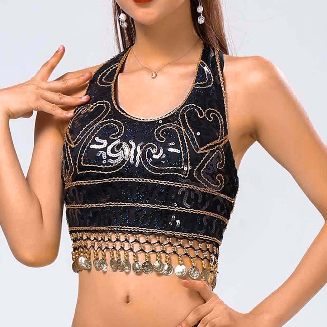 GRAEEN Belly Dance Sequin Crop Top Coin Tassel Rave Carnival Costume Bra Tops for Women - Image 5