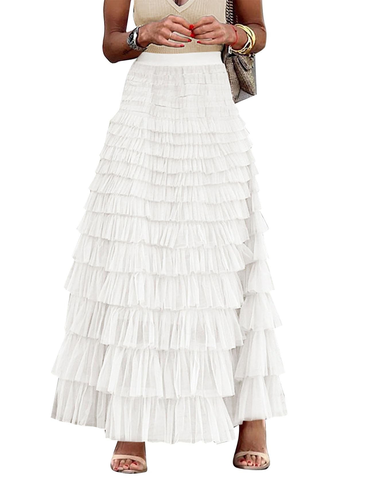 FlygoWomen's Long Maxi Tiered Tulle Skirts High Waisted A-Line Layered Mesh Tutu Skirt Petticoat