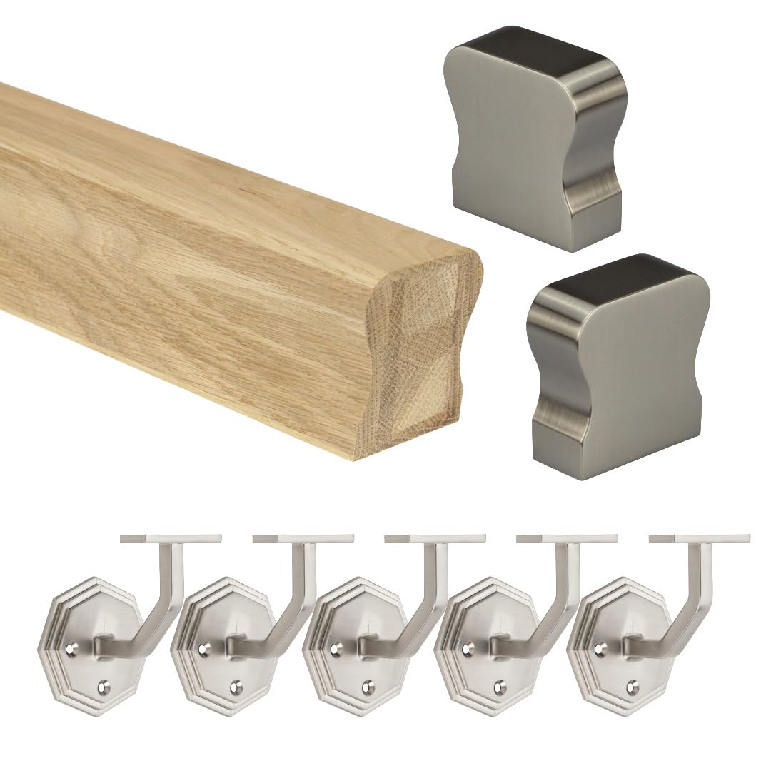 Jackson Woodturners Oak Handrail Kit 58x58mm Engineered Oak with Brushed Nickel Octagonal Brackets & HR End Caps – 1800mm 2400mm 3600mm 4200mm (4200mm + 5 Wall Brackets)