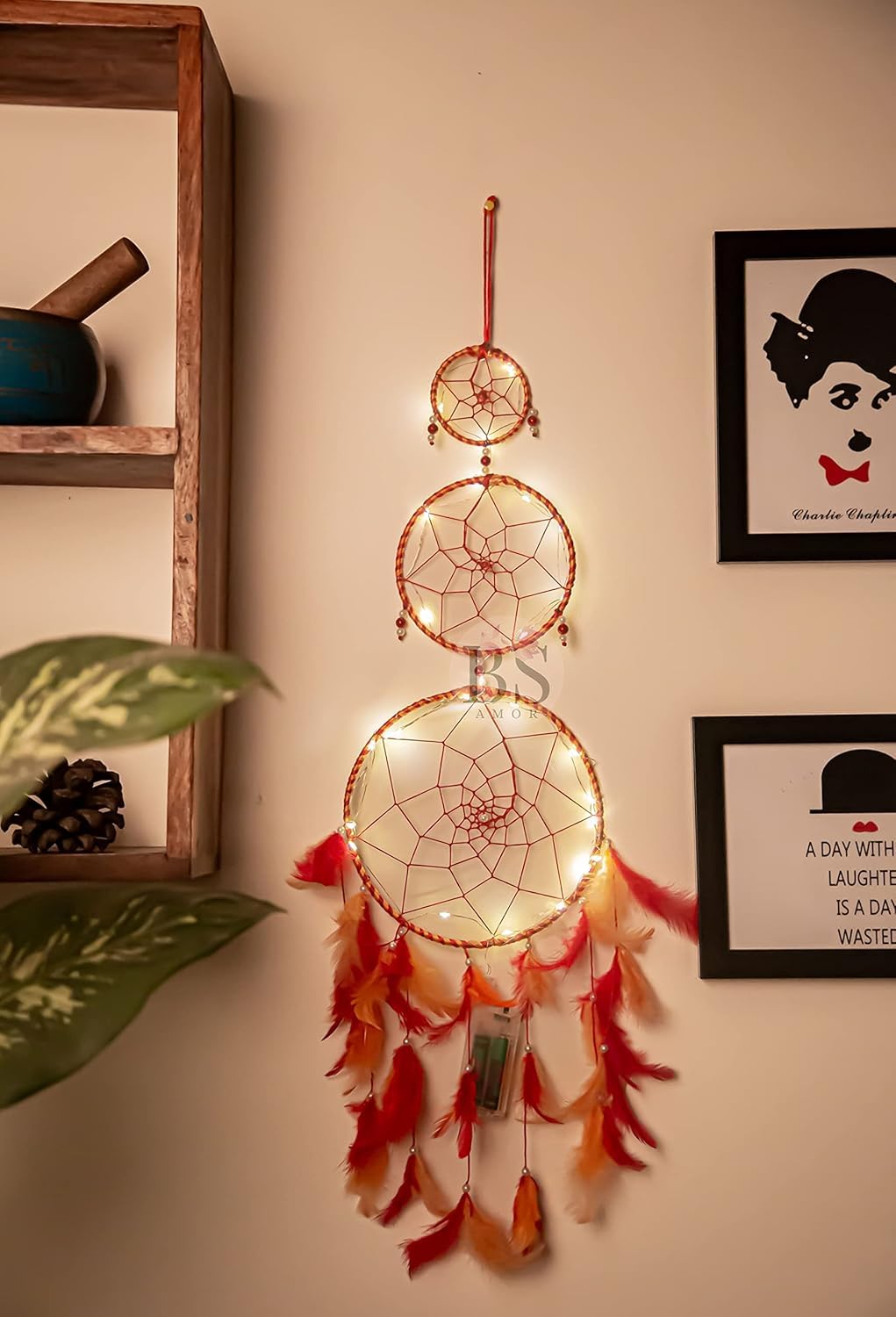 BS AMOR Dream Catcher with Lights, Wall Hangings, Crafts, Home Décor, Handmade for Bedroom, Balcony, Garden, Party, Café, Decoration, Wedding, Decorative,Orange Feathers (17 cm Diameter)