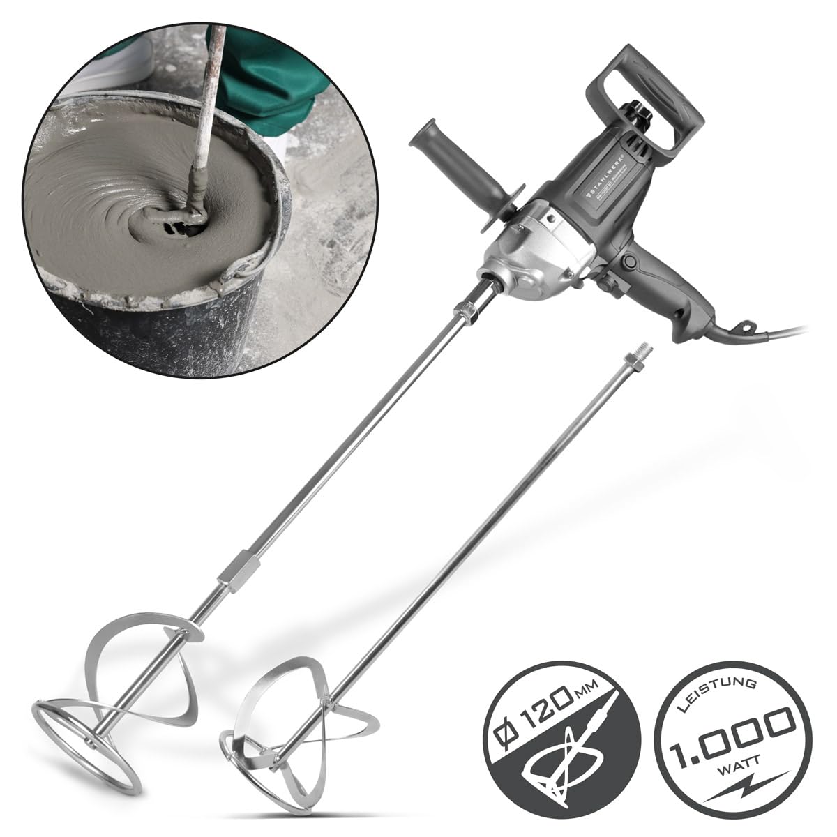 STAHLWERK Agitador de mortero con 1.000 W - Agitador RW-1000 ST con 550 rpm y batidor adicional, agitador eléctrico de hormigón con giro a la derecha y a la izquierda, control de velocidad