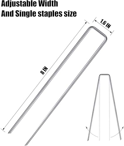 Miniatura 5 de Mininfa Paquete de 125 estacas de jardín galvanizadas de calibre 8 de 8 pulgadas, resistentes a la corrosión, grapas de tela para anclar paisajismo,