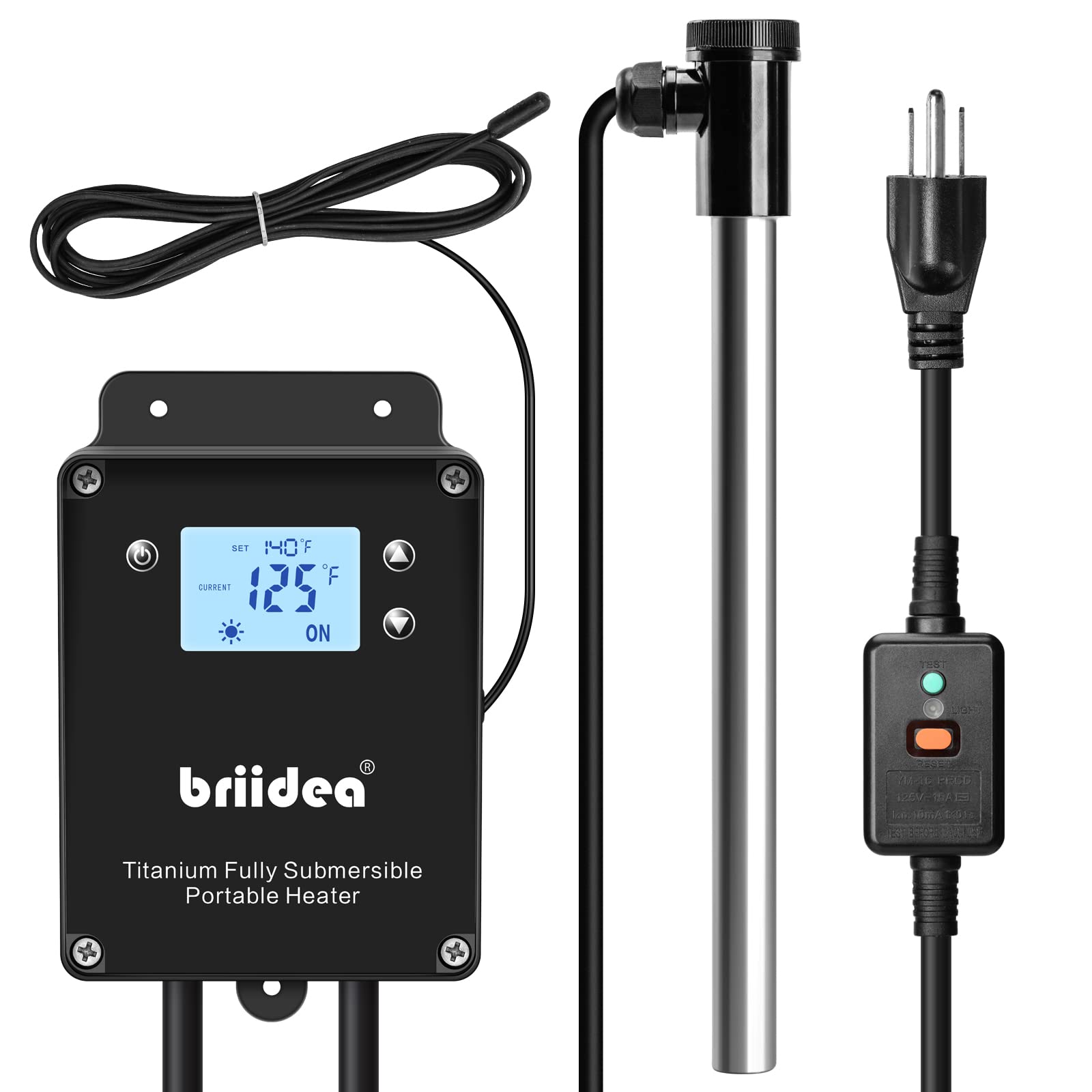 Briidea 1500W Titanium Fully Immersion Portable Hot Tub Water Heater with Anti-Corrosion Sensor, Built-in Thermostat, Ideal for Heating All Kinds of Liquids, Rapid Heating in Minutes
