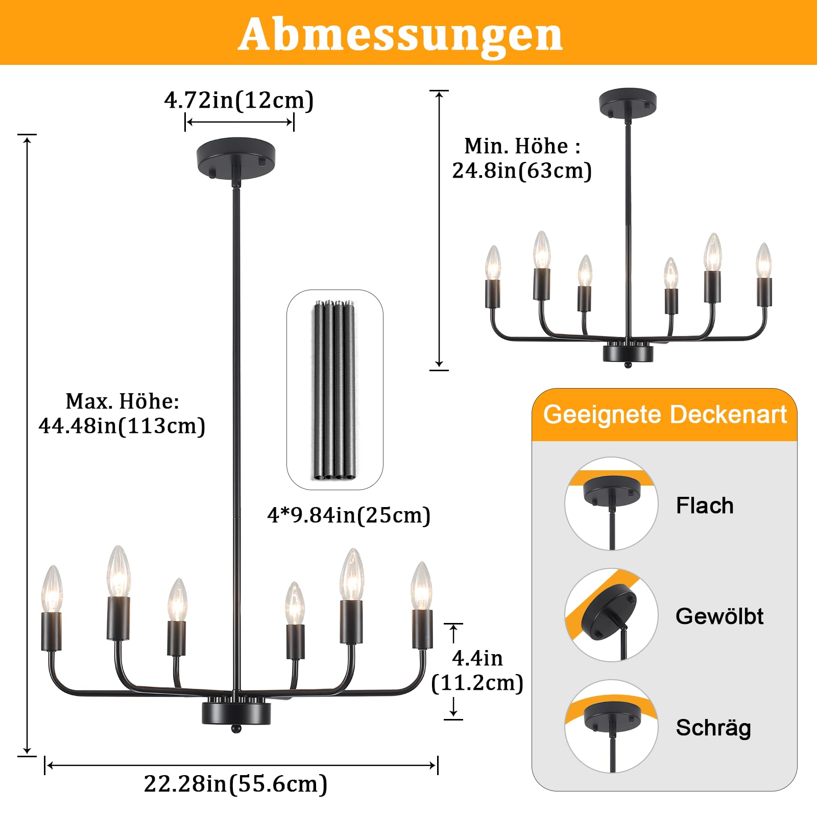 Kronleuchter Schwarz 6 Flammig, Kronleuchter Modern Hängelampe, E14 | Deckenlampe Hängend Pendelleuchte Gold, Wohnzimmerlampe Hängend Vintage für Schlafzimmer Esszimmer Küche Flur, Max 60W, 220V