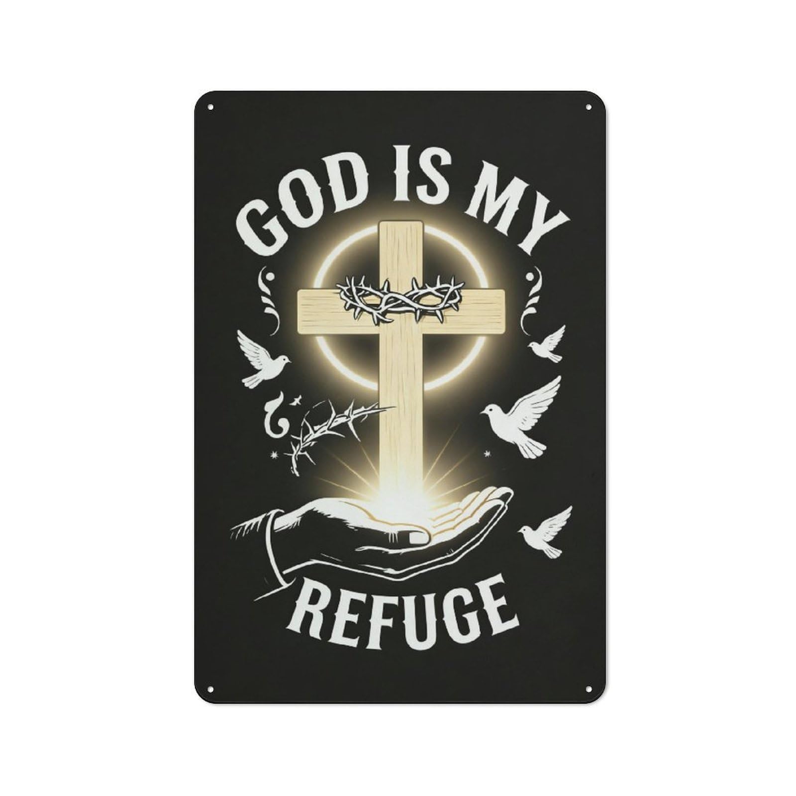 God Is My Refuge Metal Tin Sign 8x12 Inch Christian Wall Decor, Religious Plaque, Black & White Vintage Home Decor, Inspirational Faith Gift